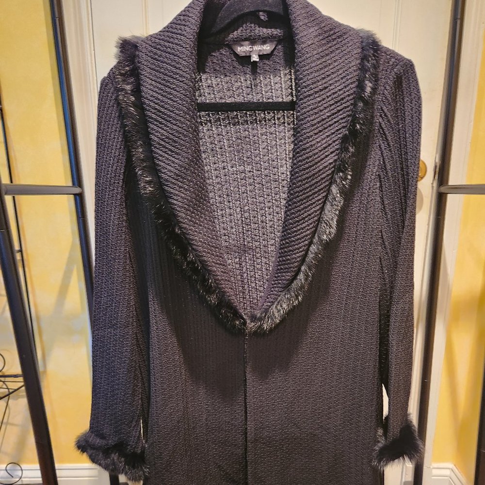 Ming Wang Black Sweater Faux Fur 3/4 length